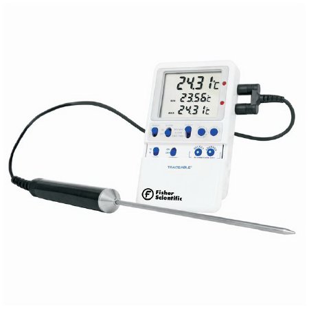 Thermometer Digital Refrigerator / Freezer with Alarm Fisherbrand™ Traceable® Platinum High-Accuracy Fahrenheit / Celsius -148° to +199.9°F (-100° to +199.9°C) Stainless Steel Probe / Platinum Sensor Multiple Mounting by Fisher Scientific Co.  ID 15-081-1